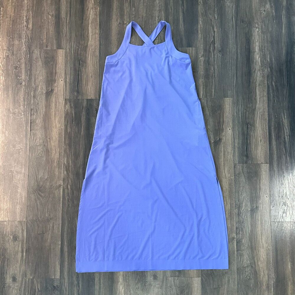 NWOT Athleta Arrival Maxi Dress Purple Racer Back Side Slits Pockets Size Large